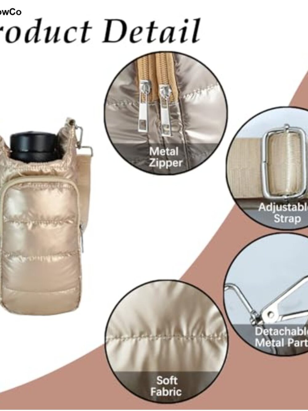 Puffer Water Bottle Holder Quilted Crossbody Bag Adjustable Strap - Picture 2 of 6